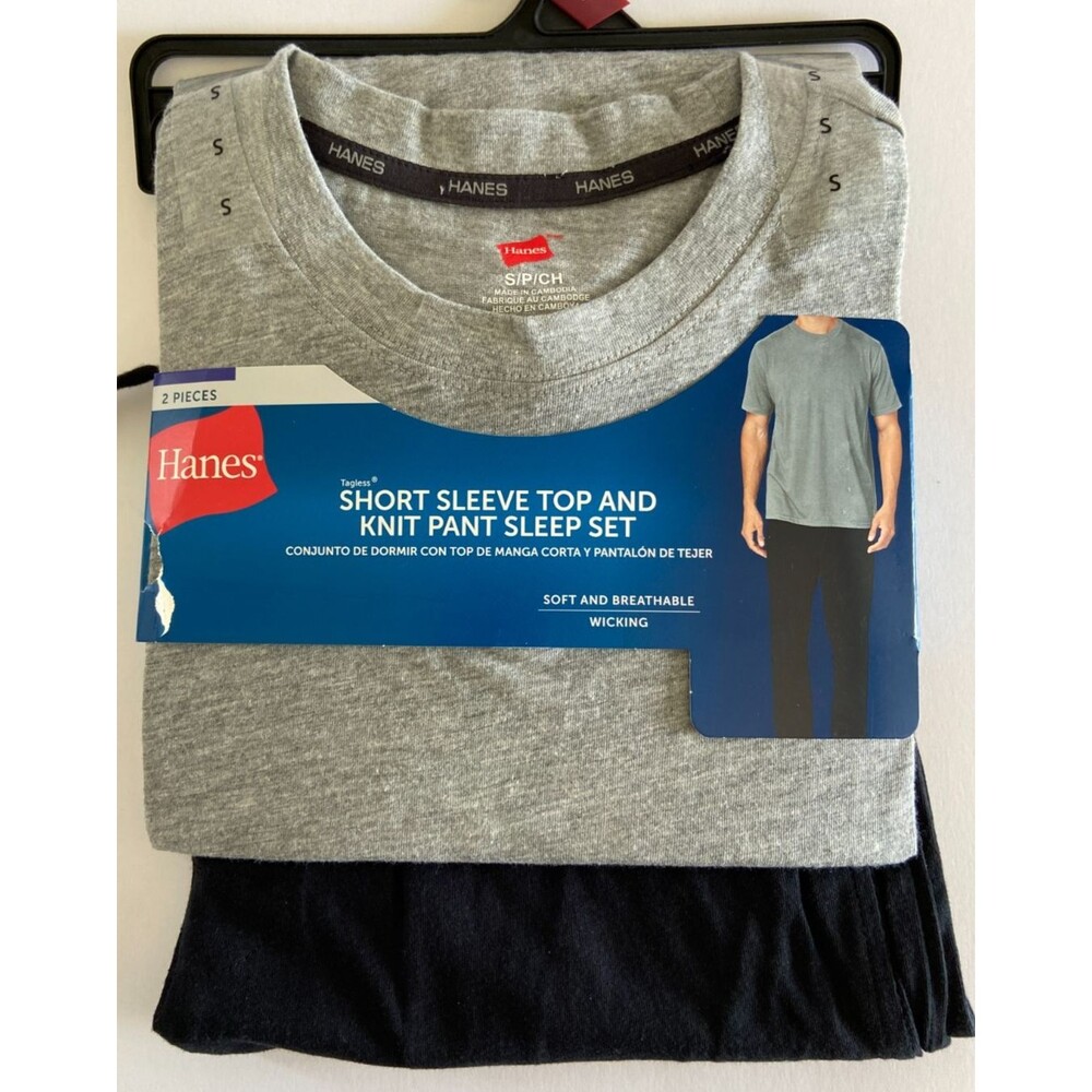 Hanes Mens Short Sleeve Top and Knit Pant Sleep Set Small Grey Black New